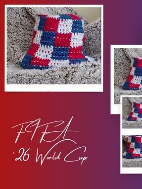 Crocheted Checkerboard Bucket Hat in Red, White & Blue